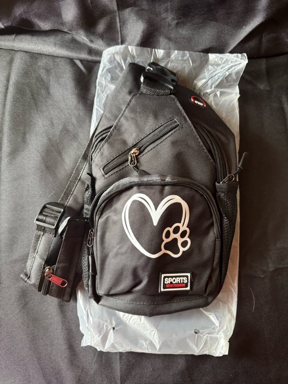 New Black Sling Crossbody Bag with Heart & Paw Graphic